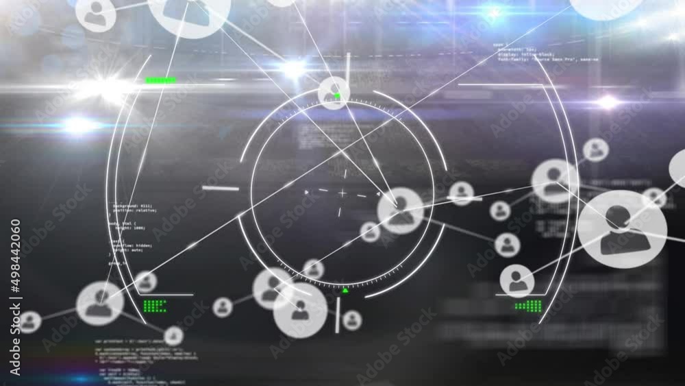 Animation of network of connections of user icons over data processing on black background Animation of network of connections of user icons over data processing on black background