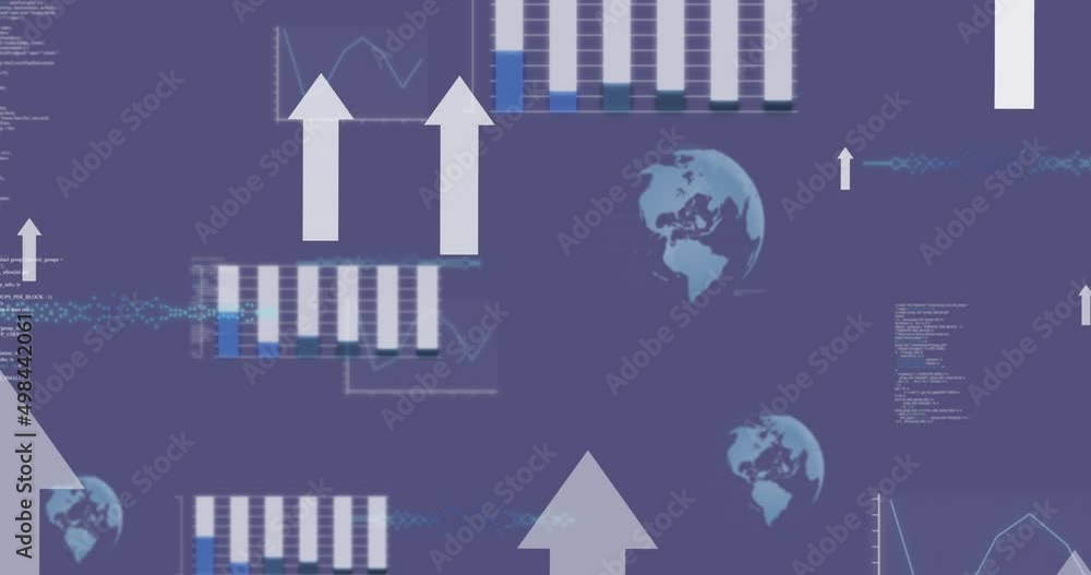 Animation of data processing, globes spinning with white arrows on purple background Animation of data processing, globes spinning with white arrows on purple background