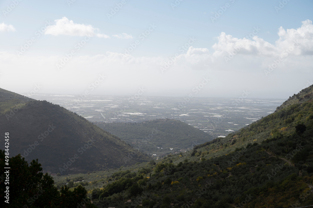 View on green Monti Aurunci national park with olive tree plantations near Fondi, Lazio, Italy