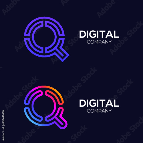 Letter Q Colorful logotype with Three Line Technology and Digital Connection Link concept for your Corporate identity