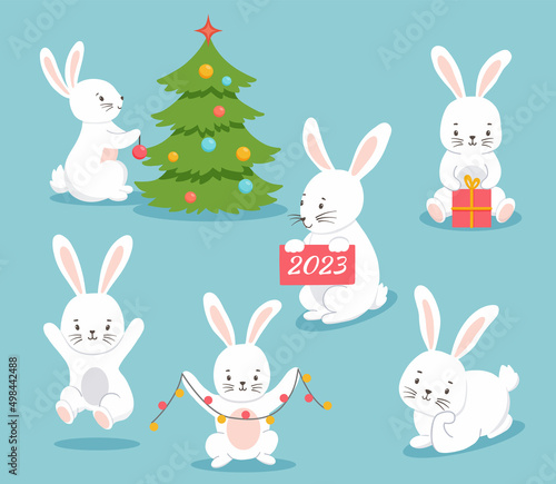 Set of cute characters. White bunny decorate Christmas tree. Vector illustration of rabbit on blue background  Symbol 2023 new year