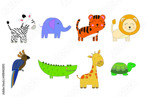 Cute cartoon African animals. Set of lion  elephant  crocodile  tiger  zebra  giraffe  parrot  turtle.