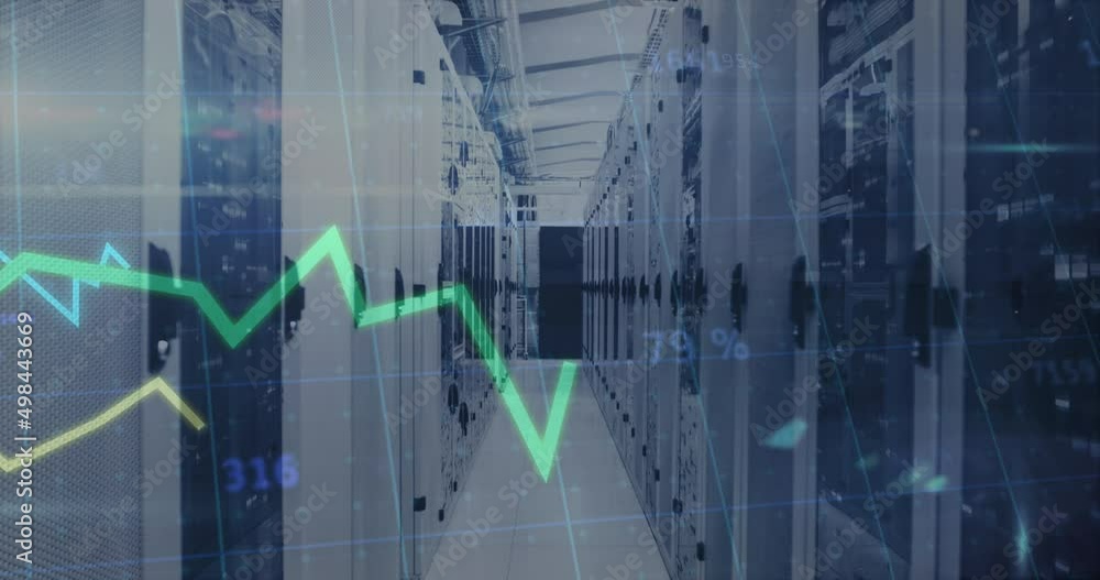 Animation of financial data processing over server room Animation of financial data processing over server room