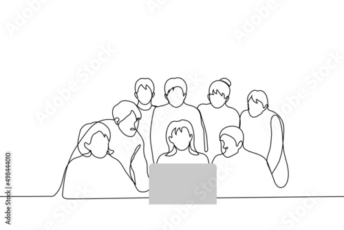 company of people crowded over laptop and look into it - one line drawing vector. concept of work team is struggling with solution to problem, students are studying or curious, friends are watching