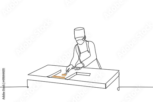 confectioner seller on a spatula takes out a cake from a showcase - one line drawing vector. concept of a pastry chef in a cafe, pastry, canteen puts a bun