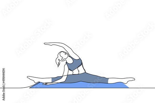 woman sits in a transverse twine and does bends - one line drawing vector. concept of physical exercise, training, yoga classes