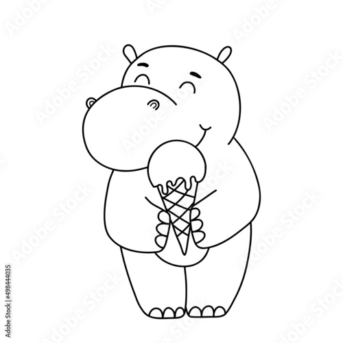 Hand drawn line cute hippo with ice cream vector illustration. Outline hippopotamus isolated on white background. Cute baby character for coloring book, postcards and invitations