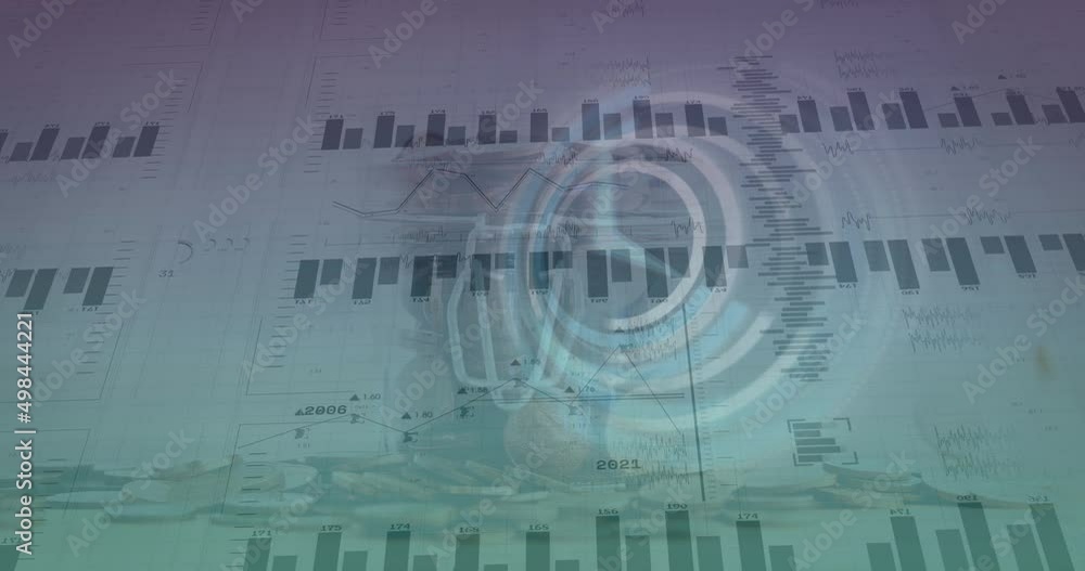 Animation of financial data processing and clock moving over coins on white background Animation of financial data processing and clock moving over coins on white background
