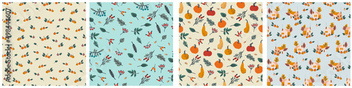 Seamless patterns set with pumpkins, berries and leaves on beige background. Thanksgiving Day concept. For wrapping paper and other design projects