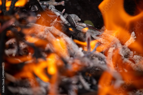 Fire. Firewood is burning in the grill. Orange firelight, sparks flying. Fire background.