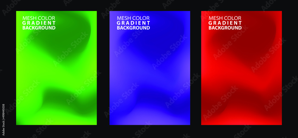 Abstract 3 fluid shapes mesh gradient colors backgrounds set. Modern vector template for brochure, flyer, cover, catalog. Colorful fluid graphic composition