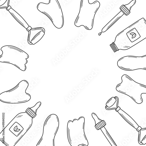 A set of trendy gua sha scrapers made of natural stone and cosmetic oil, roller massager for facial care. Vector illustration skin care concept.