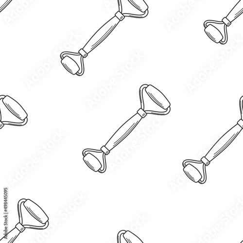 Seamless pattern of trendy gua sha scrapers made of natural stone and cosmetic oil, roller massager for facial care. Vector illustration skin care concept.