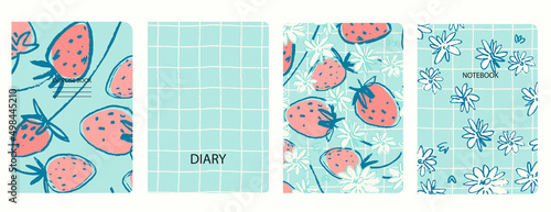 Set of cover page templates with hand drawn strawberries in bloom, polka dot and plaid. Based on seamless patterns. Headers isolated Perfect for school notebooks, notepads, diaries, etc
