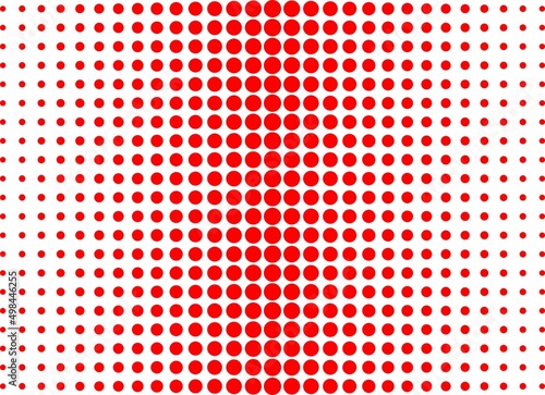 Halftone dots vector seamless pattern. Abstract Red & white dotted geometric texture with different circles in cross figure. Monochrome background, gradient transition effect. Repeat tileable design