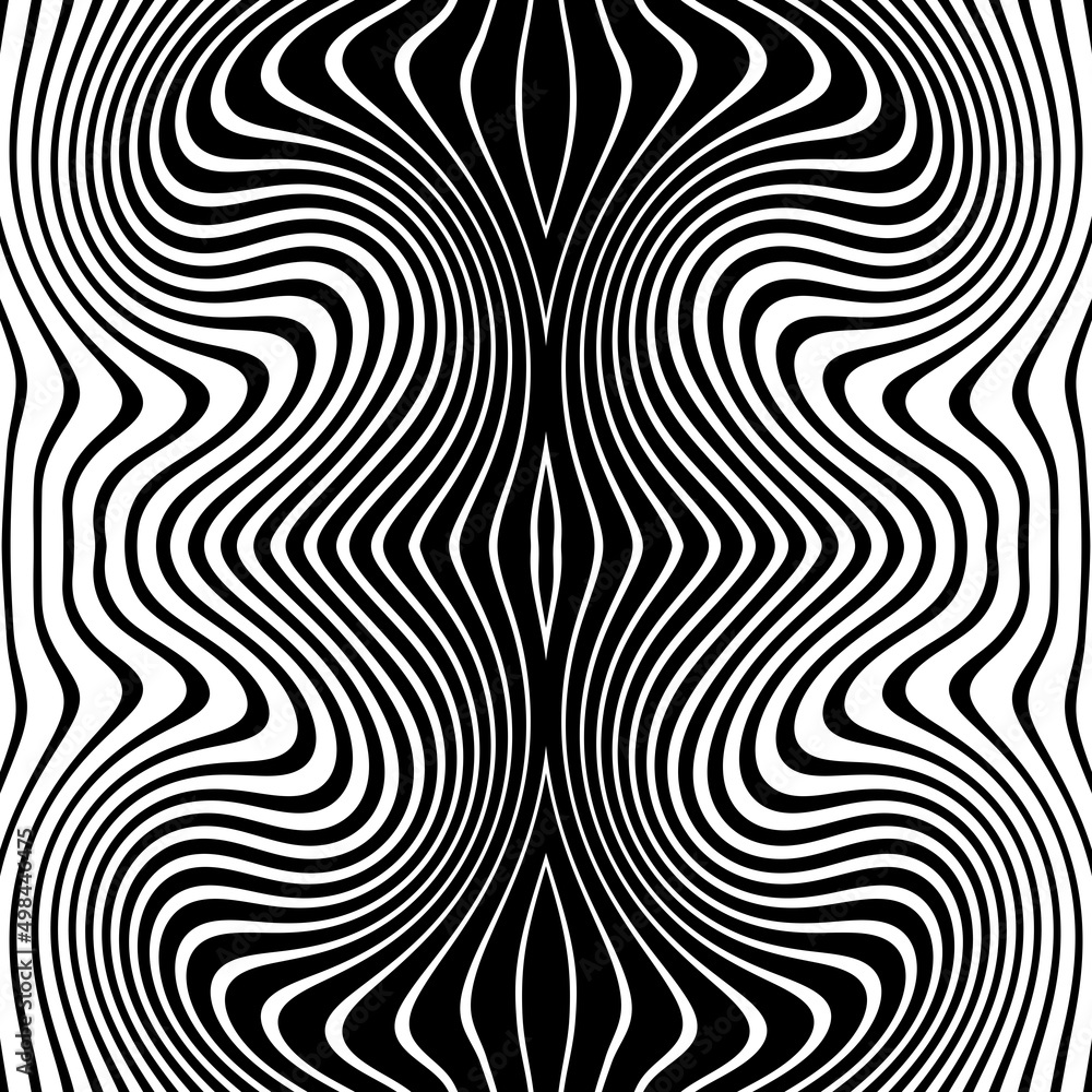 Abstract pattern of wavy stripes or rippled 3D relief black and white lines background. Vector twisted curved stripe modern trendy.3D visual effect, illusion of movement, curvature. Pop art design. Abstract pattern of wavy stripes or rippled 3D relief black and white lines background. Vector twisted curved stripe modern trendy.3D visual effect, illusion of movement, curvature. Pop art design.