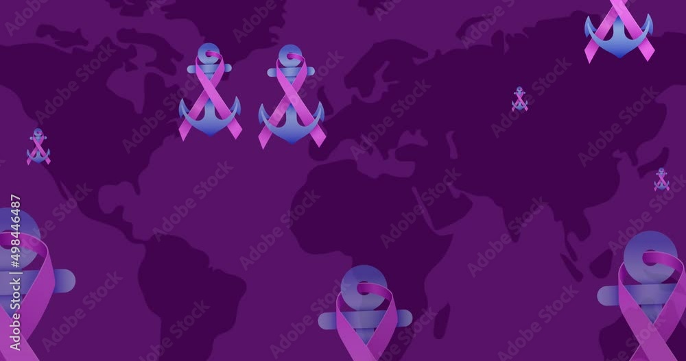 Animation of national cancer day and breast cancer awareness ribbon over world map Animation of national cancer day and breast cancer awareness ribbon over world map