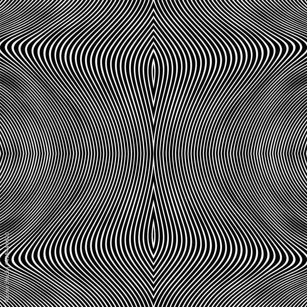 Abstract pattern of wavy stripes or rippled 3D relief black and white lines background. Vector twisted curved stripe modern trendy.3D visual effect, illusion of movement, curvature. Pop art design.	
