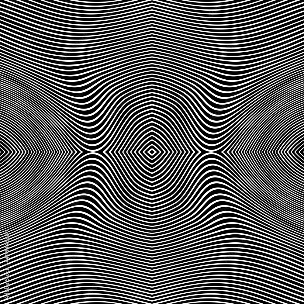 Abstract pattern of wavy stripes or rippled 3D relief black and white lines background. Vector twisted curved stripe modern trendy.3D visual effect, illusion of movement, curvature. Pop art design. Abstract pattern of wavy stripes or rippled 3D relief black and white lines background. Vector twisted curved stripe modern trendy.3D visual effect, illusion of movement, curvature. Pop art design.