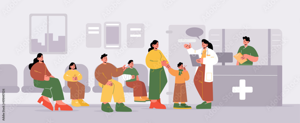 Naklejka Hospital hallway with visitors on chairs waiting in queue. Doctor practitioner communicate with patient. People wait on appointment in clinic hall with reception desk Line art flat vector illustration