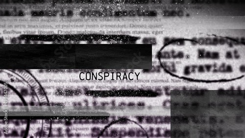 Animation of conspiracy text over black shapes photo