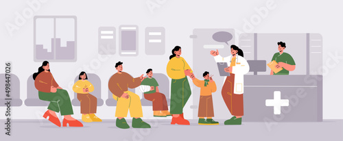 Hospital hallway with visitors on chairs waiting in queue. Doctor practitioner communicate with patient. People wait on appointment in clinic hall with reception desk Line art flat vector illustration