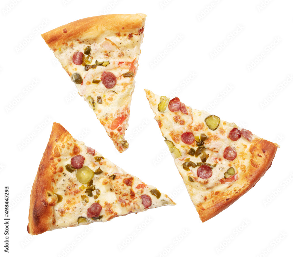 Pizza with sausages and cheese isolated on white Pizza with sausages and cheese isolated on white