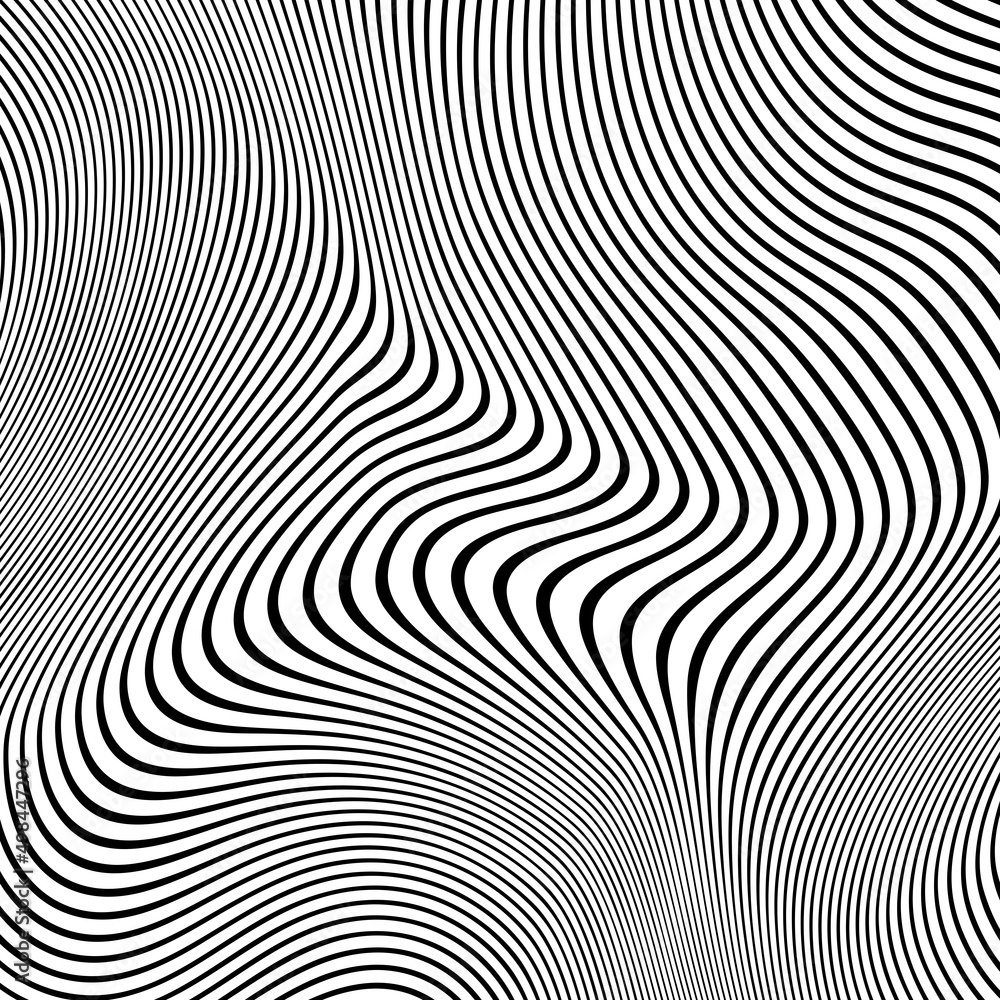 Abstract pattern of wavy stripes or rippled 3D relief black and white lines background. Vector twisted curved stripe modern trendy.3D visual effect, illusion of movement, curvature. Pop art design.