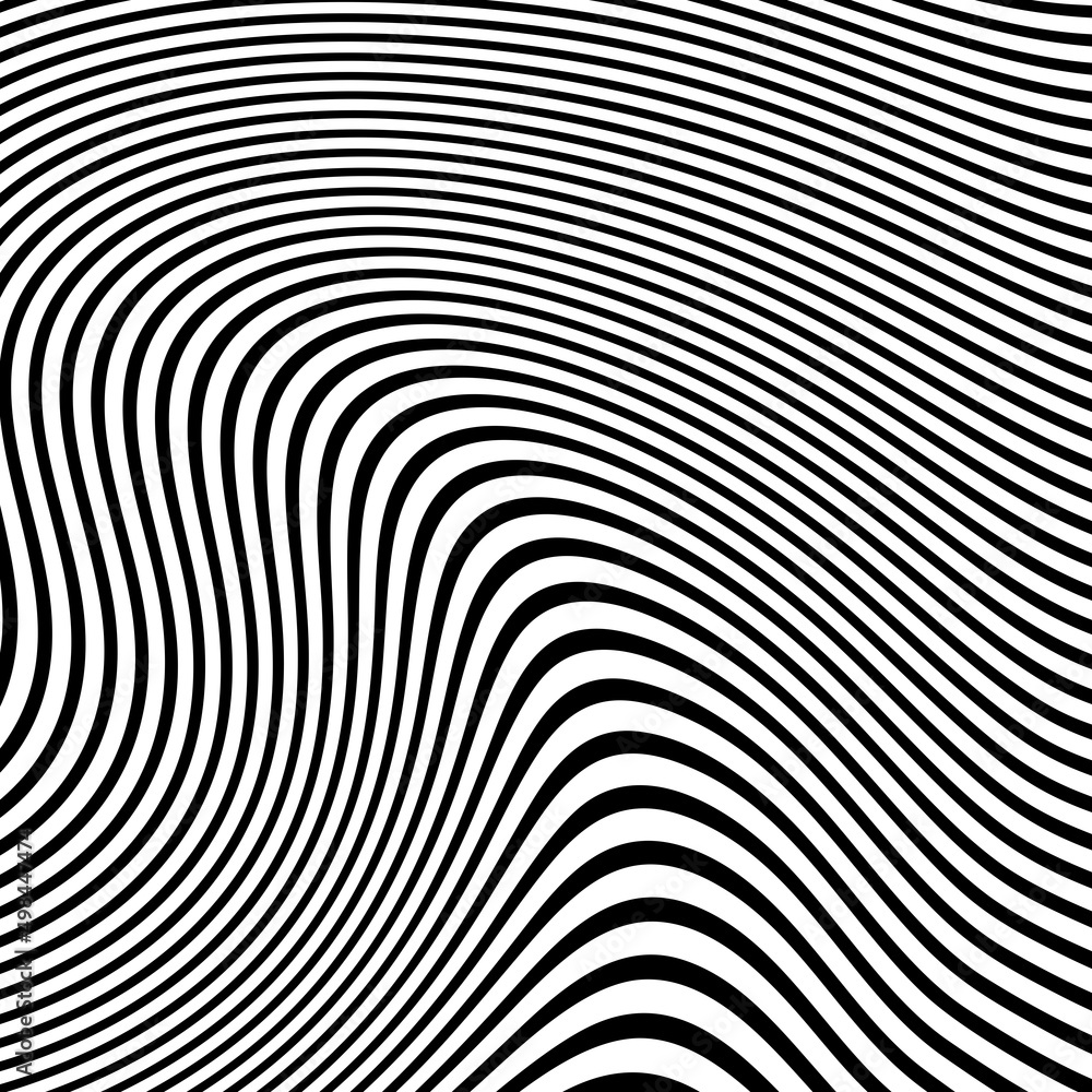 Abstract pattern of wavy stripes or rippled 3D relief black and white lines background. Vector twisted curved stripe modern trendy.Abstract dynamical rippled texture, 3D visual effect, illusion.