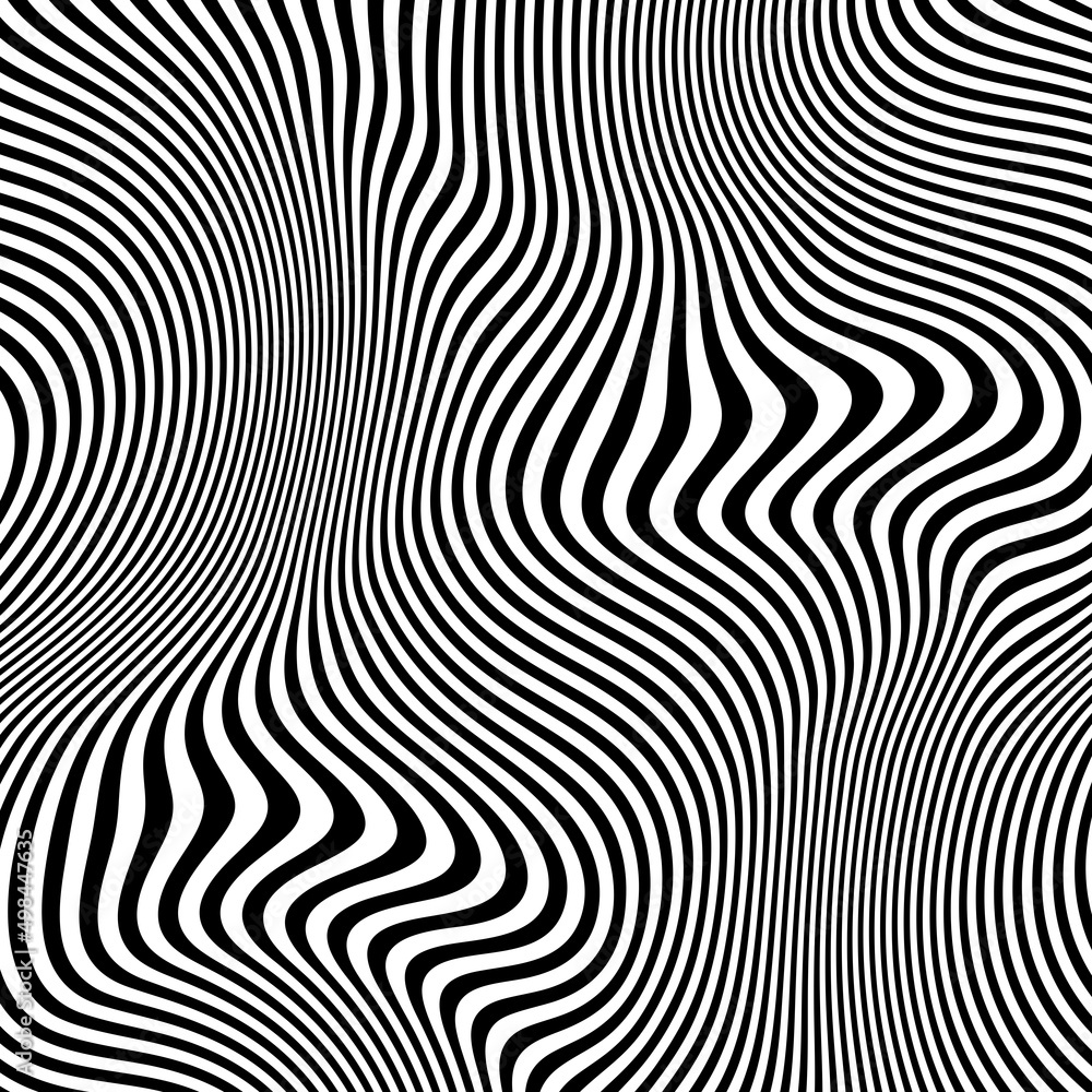 Abstract pattern of wavy stripes or rippled 3D relief black and white lines background. Vector twisted curved stripe modern trendy.3D visual effect, illusion of movement, curvature. Pop art design.
