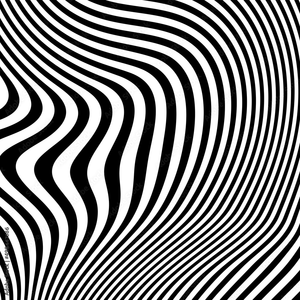 Abstract pattern of wavy stripes or rippled 3D relief black and white lines background. Vector twisted curved stripe modern trendy.3D visual effect, illusion of movement, curvature. Pop art design. Abstract pattern of wavy stripes or rippled 3D relief black and white lines background. Vector twisted curved stripe modern trendy.3D visual effect, illusion of movement, curvature. Pop art design.