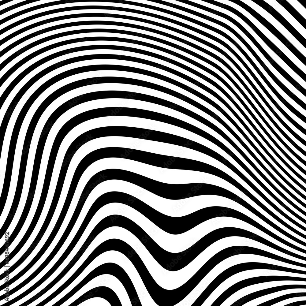 Abstract pattern of wavy stripes or rippled 3D relief black and white lines background. Vector twisted curved stripe modern trendy.Abstract dynamical rippled texture, 3D visual effect, illusion. Abstract pattern of wavy stripes or rippled 3D relief black and white lines background. Vector twisted curved stripe modern trendy.Abstract dynamical rippled texture, 3D visual effect, illusion.