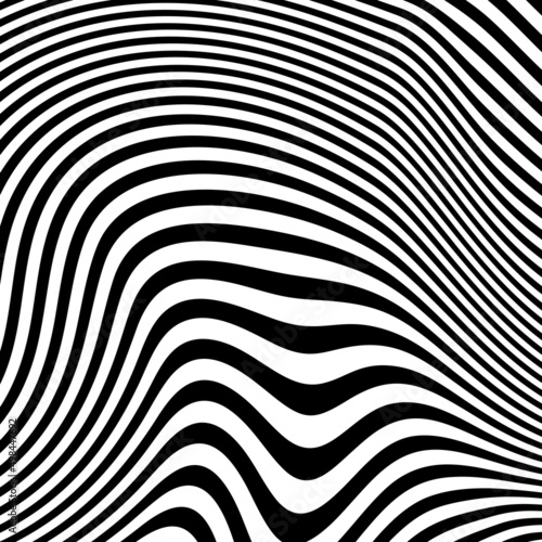 Abstract pattern of wavy stripes or rippled 3D relief black and white lines background. Vector twisted curved stripe modern trendy.Abstract dynamical rippled texture  3D visual effect  illusion.
