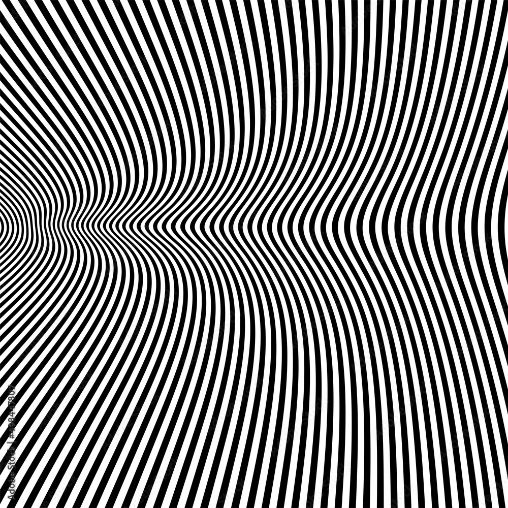 Abstract pattern of wavy stripes or rippled 3D relief black and white lines background. Vector twisted curved stripe modern trendy.3D visual effect, illusion of movement, curvature. Pop art design.
Abstract pattern of wavy stripes or rippled 3D relief black and white lines background. Vector twisted curved stripe modern trendy.3D visual effect, illusion of movement, curvature. Pop art design.