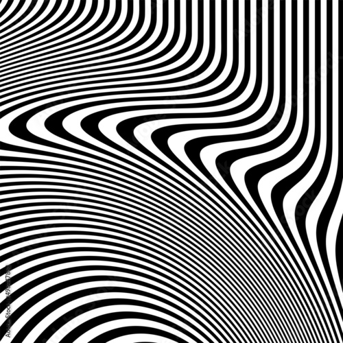 Abstract pattern of wavy stripes or rippled 3D relief black and white lines background. Vector twisted curved stripe modern trendy.3D visual effect  illusion of movement  curvature. Pop art design.  