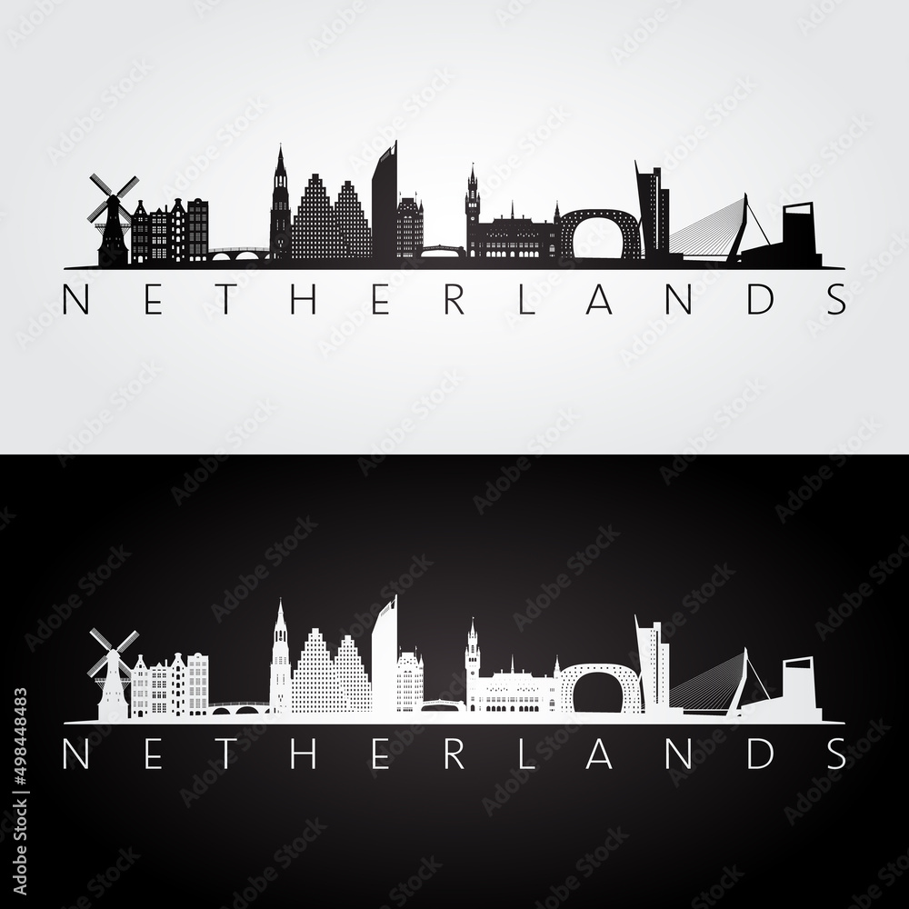 Netherlands skyline and landmarks silhouette, black and white design, vector illustration.