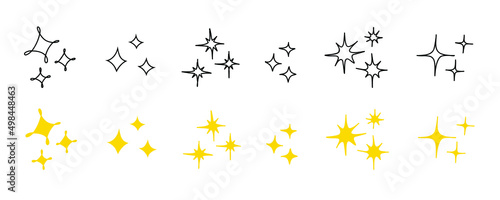 Sparkles twinkle stars doodle symbols. Set of vector sparkle star icon. Bright firework, shiny flash, decoration twinkle. Glowing light effect. Stock vector illustration.