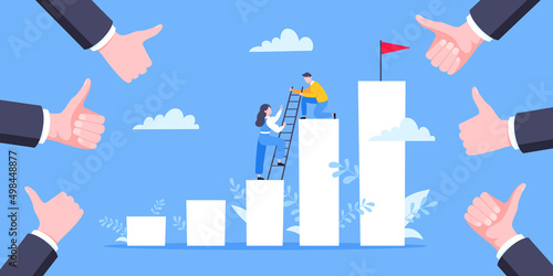 Business mentor helps to improve career and holding stairs steps vector illustration. Mentorship, upskills, climb help and self development strategy flat style design business concept.