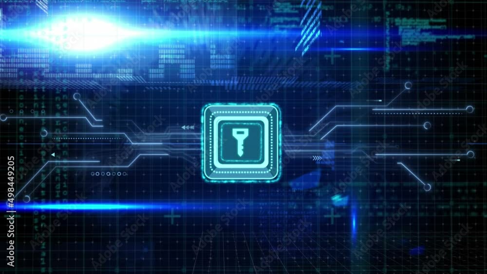 Animation of data processing with online security key over computer circuit board Animation of data processing with online security key over computer circuit board