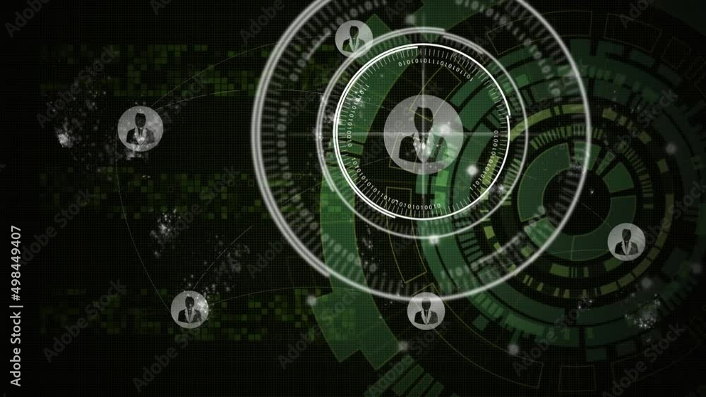 Animation of data processing and digital people icons over scope spinning Animation of data processing and digital people icons over scope spinning
