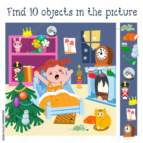 Find 10 hidden objects in picture. Christmas night with cute girl in room. Educational game for children. Activity, vector illustration.