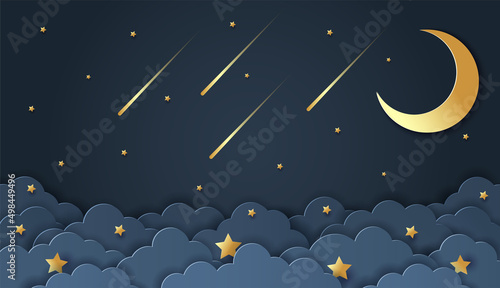 Paper cut of night clouds and crescent moon with shooting star on dark blue background. Sweet dream and Good night concept. Baby shower greeting card. Vector illustration.