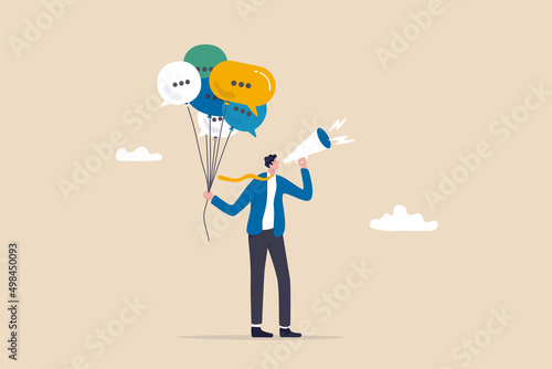 Communication or PR, Public Relations manager to communicate company information and media, announce sales or promotion concept, businessman holding speech bubble balloons while talking on megaphone. photo
