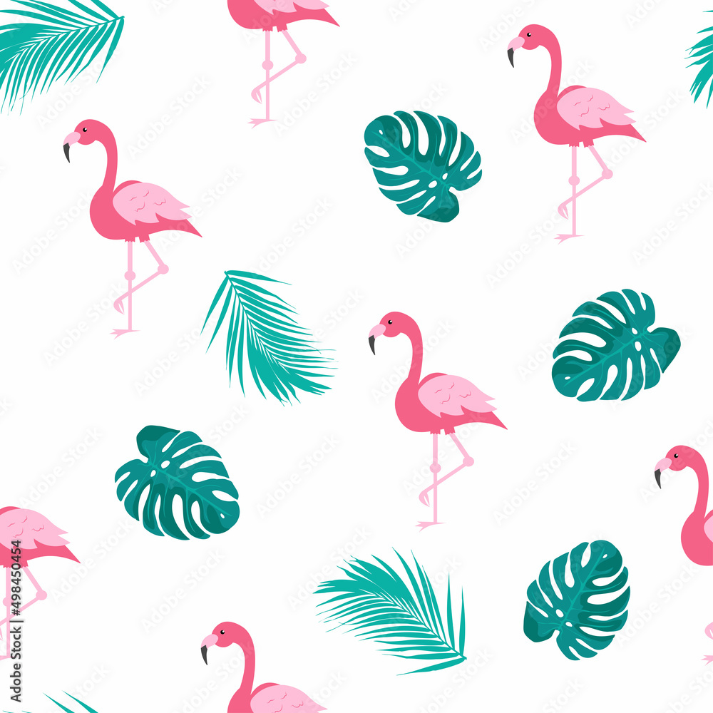Colorful flamingo and tropical leaves seamless pattern. Summer symbol vector illustration in cartoon style for paper, wrap, fabric design, print, textile and much more. Colorful flamingo and tropical leaves seamless pattern. Summer symbol vector illustration in cartoon style for paper, wrap, fabric design, print, textile and much more.