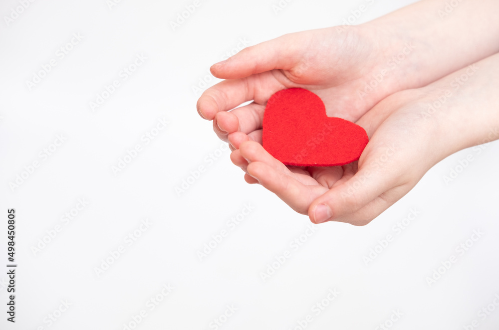 Fototapeta premium Red heart in hands, isolated on the white background