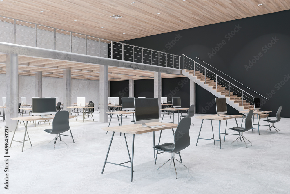 Wooden and concrete duplex office interior with daylight, furniture and equipment. 3D Rendering.
