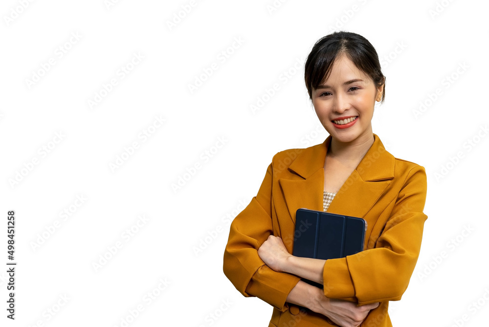 Asian businesswoman holding tablet wearing brown suit on isolated white background. Asian businesswoman holding tablet wearing brown suit on isolated white background.
