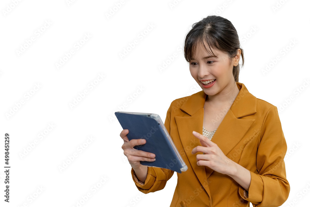 Asian businesswoman holding tablet wearing brown suit on isolated white background. Asian businesswoman holding tablet wearing brown suit on isolated white background.