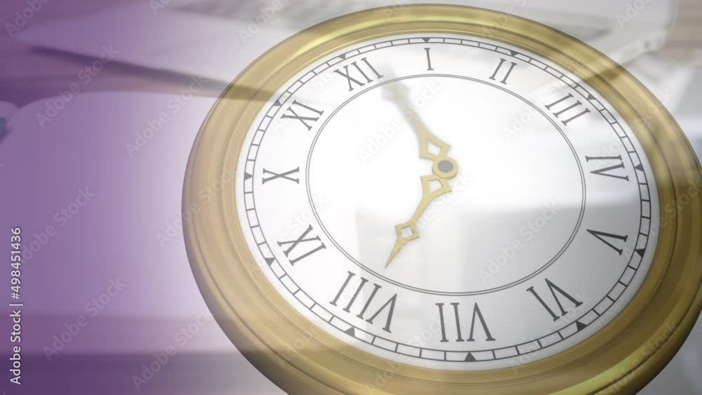 Animation of clock moving over office desk with diverse items Animation of clock moving over office desk with diverse items