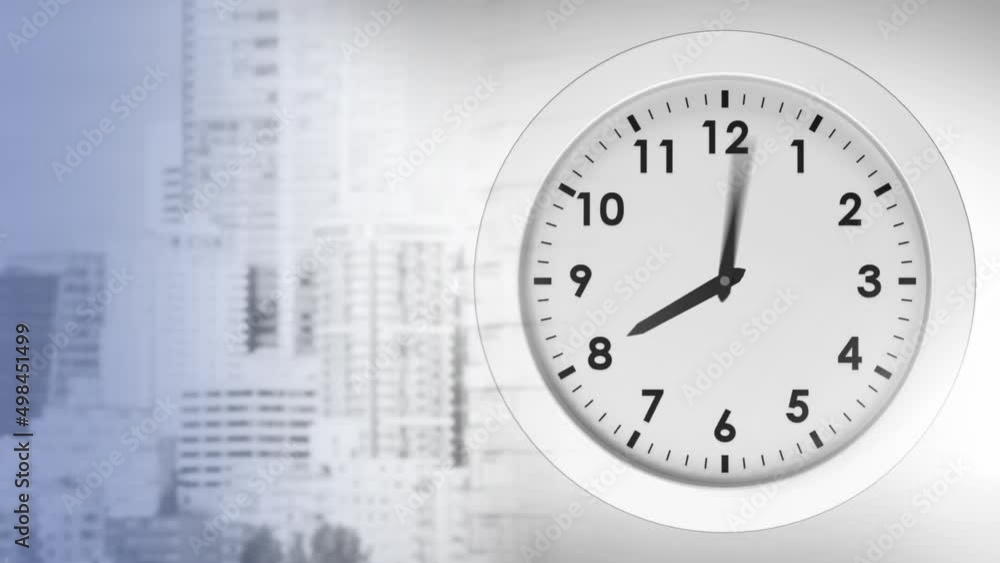 Animation of clock moving over cityscape Animation of clock moving over cityscape
